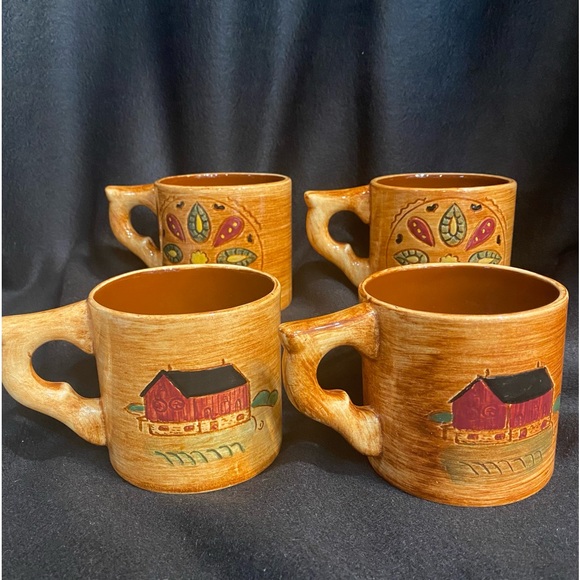 Pennsbury Pottery Vintage Amish Folk Art Glazed Coffee Mugs - set of 4 - Picture 3 of 7